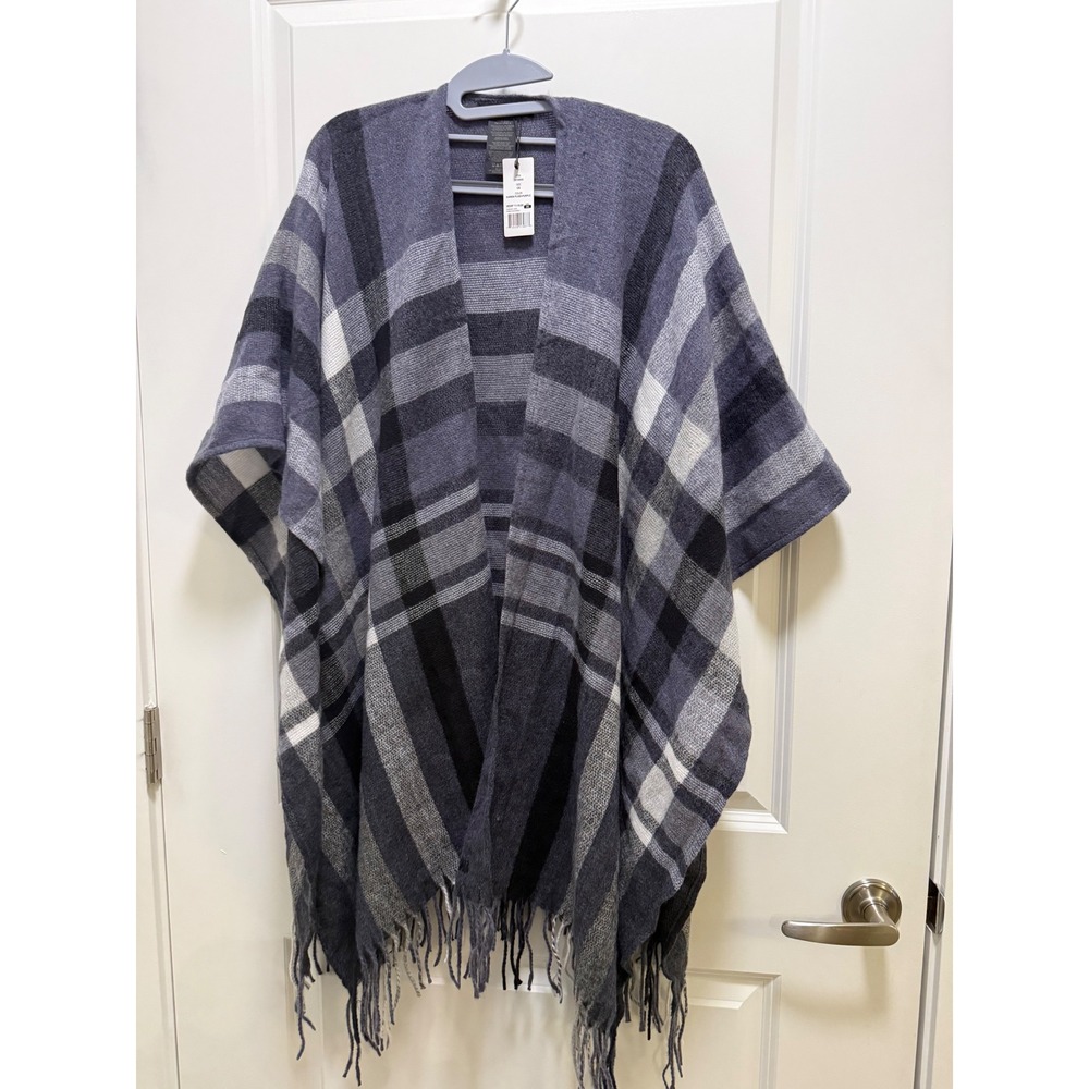Banana Republic Karen Plaid Purple Fringe Poncho Wrap NWT Cashmere Blend